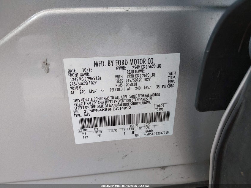 FORD EDGE 2015 VIN 2FMPK4K89FBC14992