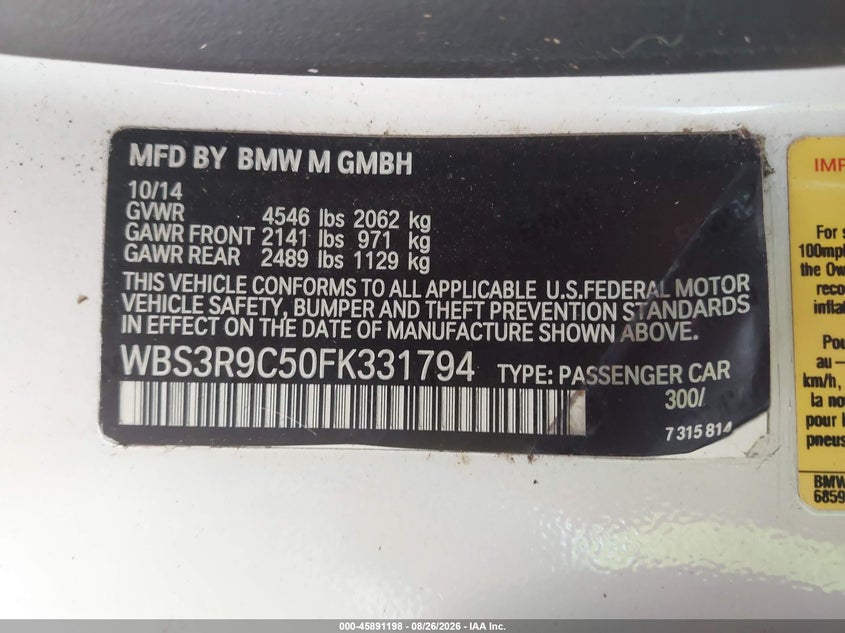BMW M4 2015 VIN WBS3R9C50FK331794
