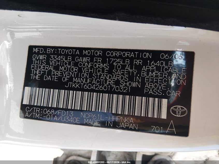 SCION XA 2006 VIN JTKKT604260170321