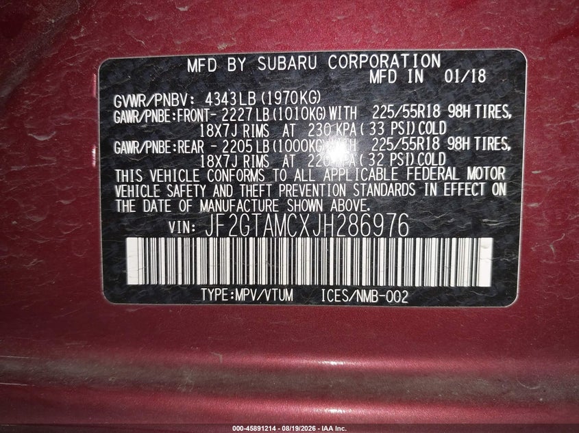 SUBARU CROSSTREK 2018 VIN JF2GTAMCXJH286976