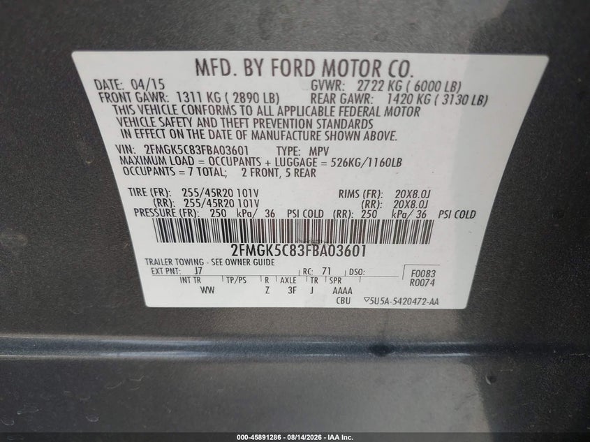 FORD FLEX 2015 VIN 2FMGK5C83FBA03601