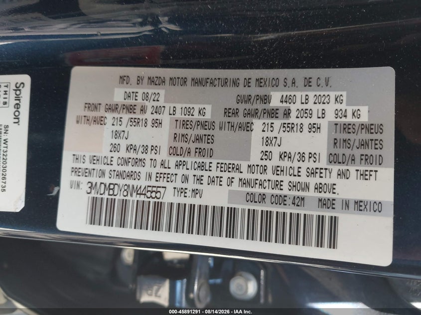 MAZDA CX-30 2022 VIN 3MVDMBDY8NM445557
