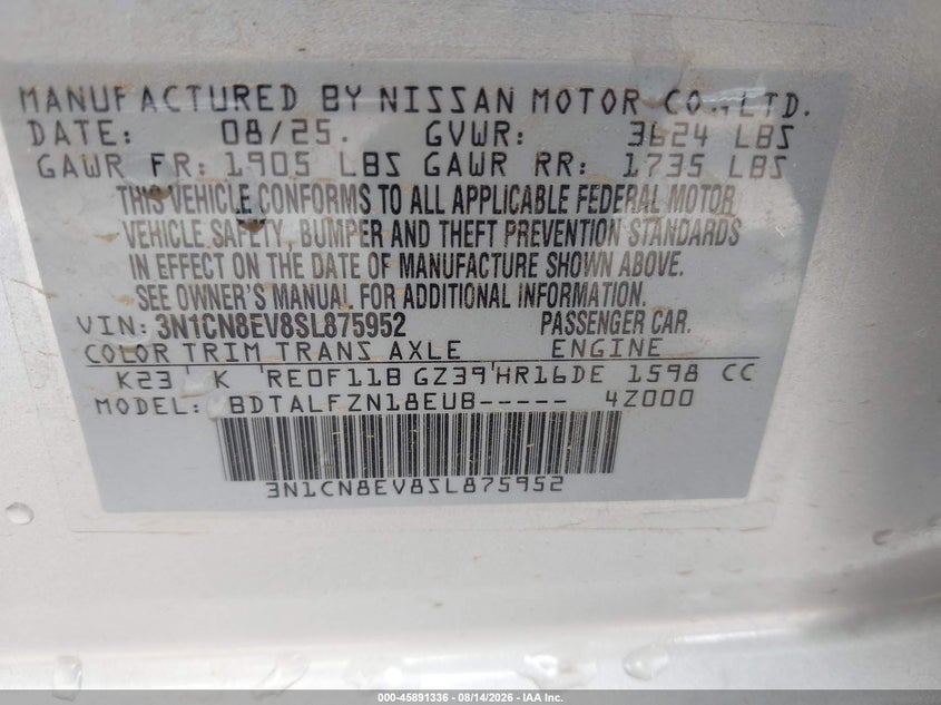 NISSAN VERSA 2025 VIN 3N1CN8EV8SL875952