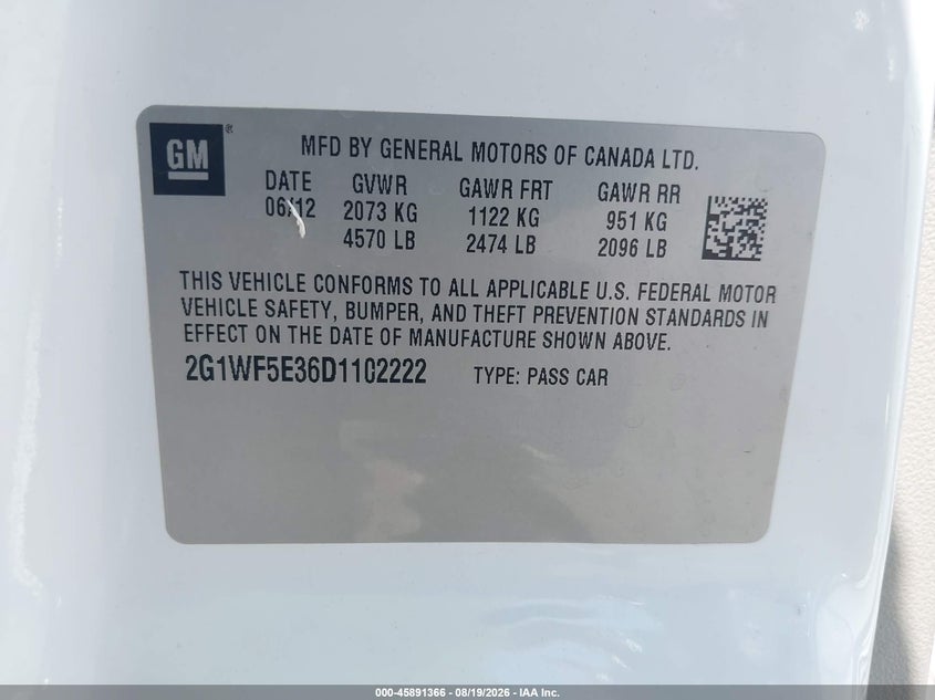 CHEVROLET IMPALA 2013 VIN 2G1WF5E36D1102222