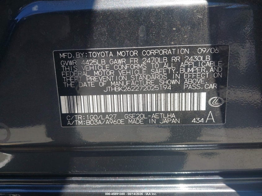 LEXUS IS 250 2007 VIN JTHBK262272025194