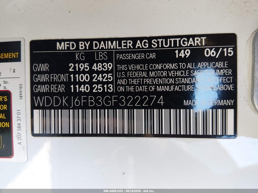 MERCEDES-BENZ E 400 2016 VIN WDDKJ6FB3GF322274