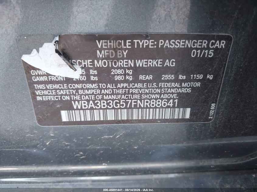 2015 BMW 3ER SEDAN 2.0L I-4 DI, DOHC, VVT, TURBO, 240HP