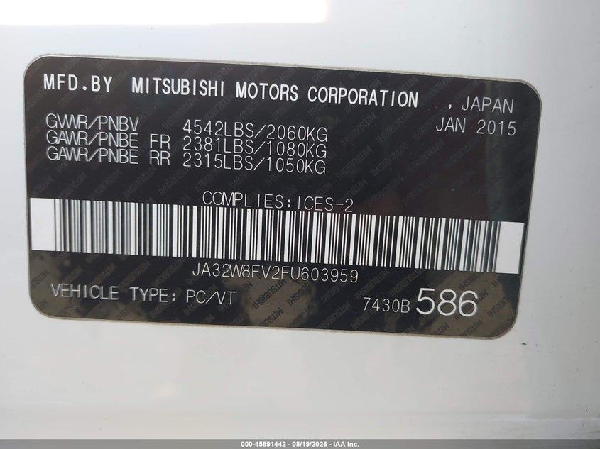 2015 MITSUBISHI LANCER EVOLUTION SEDAN 2.0L I-4 DOHC, VVT, TURBO, 291HP