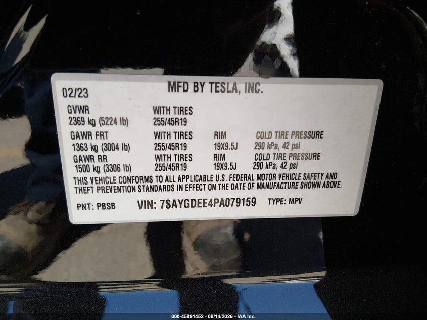TESLA MODEL Y 2023 VIN 7SAYGDEE4PA079159