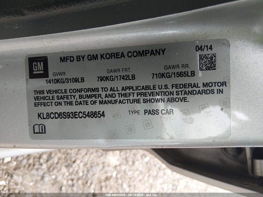 CHEVROLET SPARK 2014 VIN KL8CD6S93EC548654