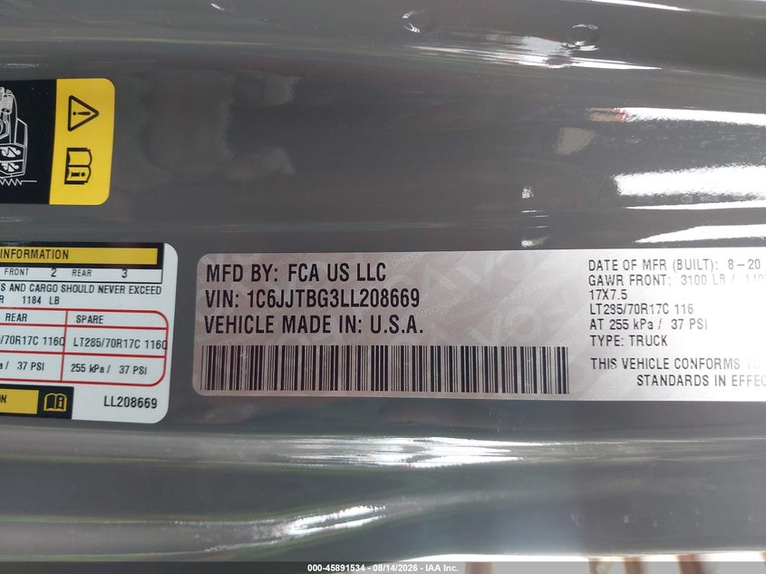 JEEP GLADIATOR 2020 VIN 1C6JJTBG3LL208669