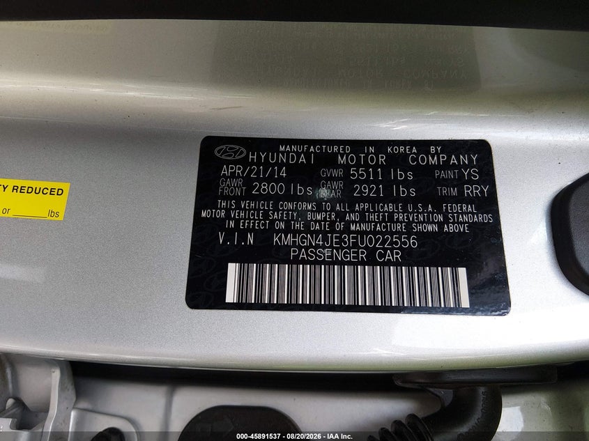 HYUNDAI GENESIS 2015 VIN KMHGN4JE3FU022556