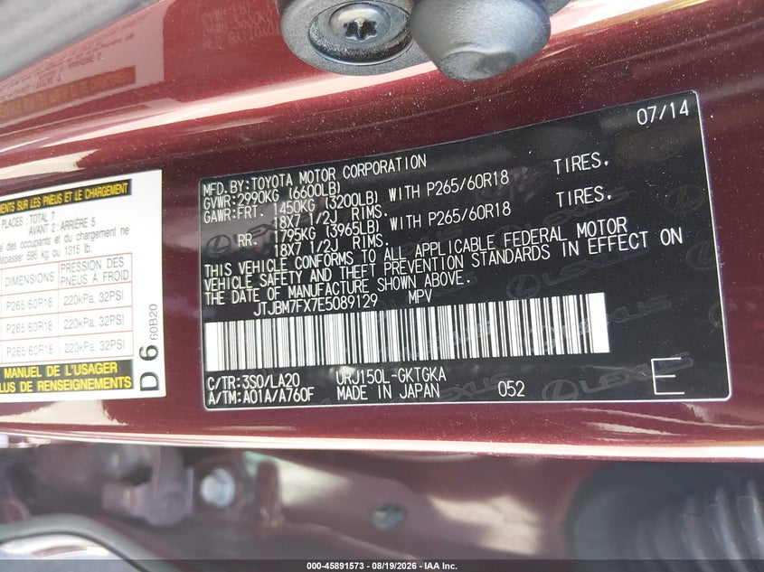 LEXUS GX 460 2014 VIN JTJBM7FX7E5089129