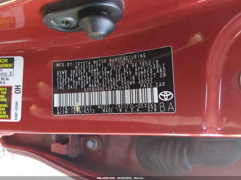 2016 TOYOTA COROLLA SEDAN 1.8L I-4 DOHC, VVT, 132HP
