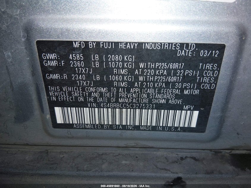2012 SUBARU OUTBACK SPORT UTILITY VEHICLE 2.5L H-4 VVT, 170HP