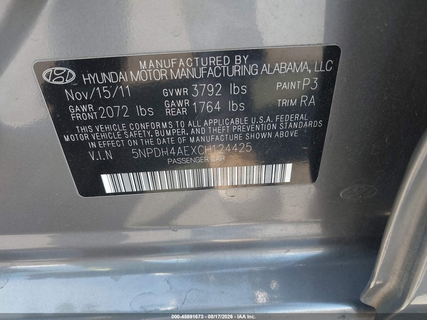 2012 HYUNDAI ELANTRA SEDAN 1.8L I-4 DOHC, VVT, 148HP