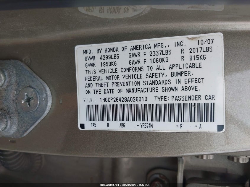 2008 HONDA ACCORD SEDAN 2.4L I-4 DOHC, VVT, 177HP