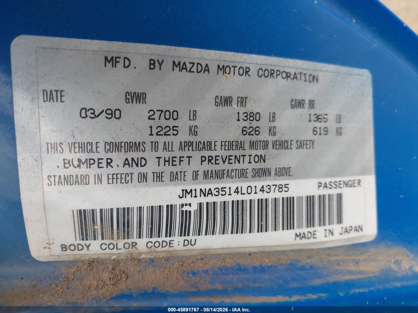 MAZDA MX-5 MIATA 1990 VIN JM1NA3514L0143785