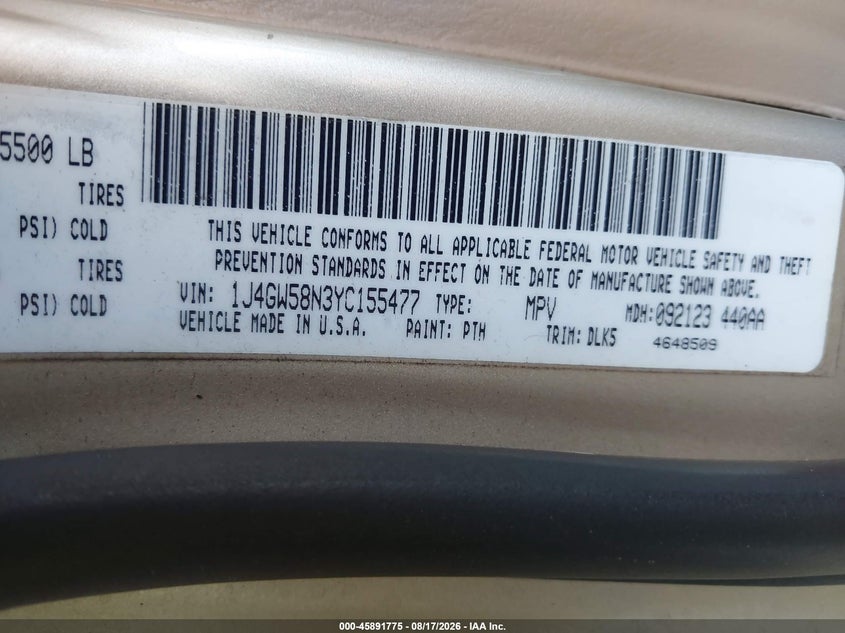 JEEP GRAND CHEROKEE 2000 VIN 1J4GW58N3YC155477