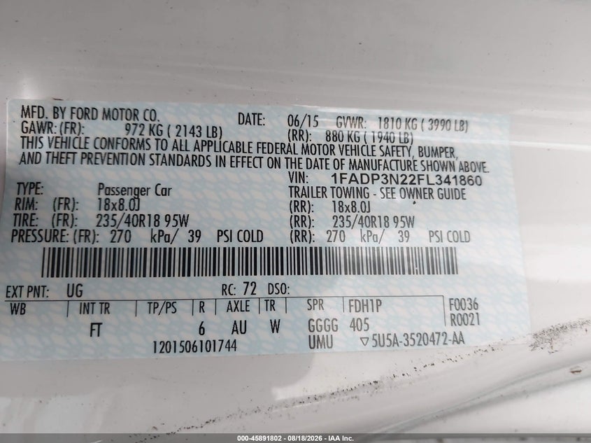 FORD FOCUS 2015 VIN 1FADP3N22FL341860