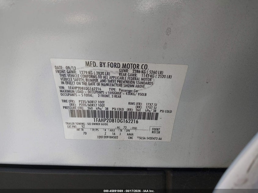 FORD TAURUS 2013 VIN 1FAHP2D81DG162216