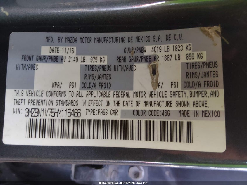 MAZDA MAZDA3 2017 VIN 3MZBN1V75HM116466