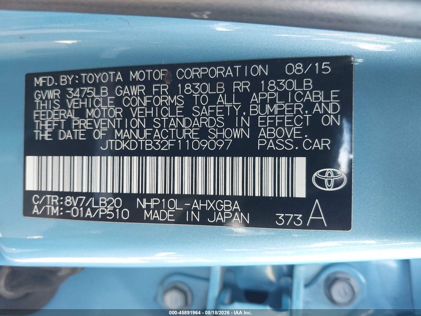 TOYOTA PRIUS C 2015 VIN JTDKDTB32F1109097