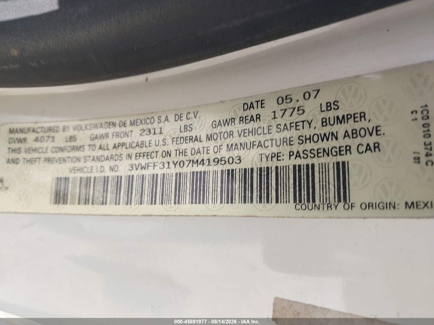 VOLKSWAGEN NEW BEETLE 2007 VIN 3VWFF31Y07M419503