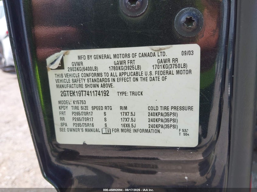 GMC SIERRA 1500 2004 VIN 2GTEK19T741174192