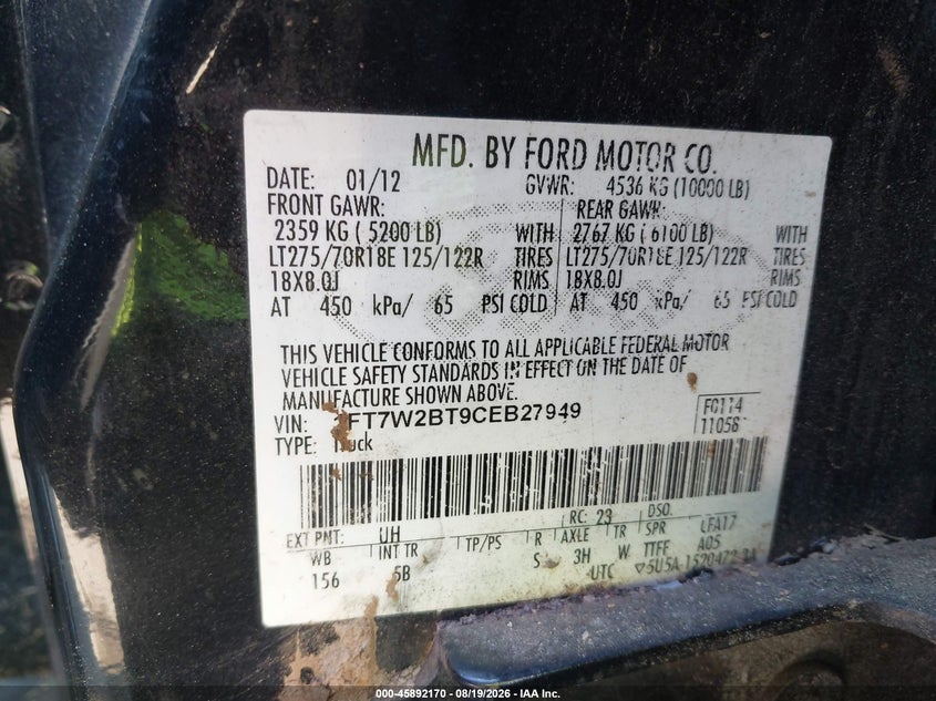 FORD F-250 2012 VIN 1FT7W2BT9CEB27949