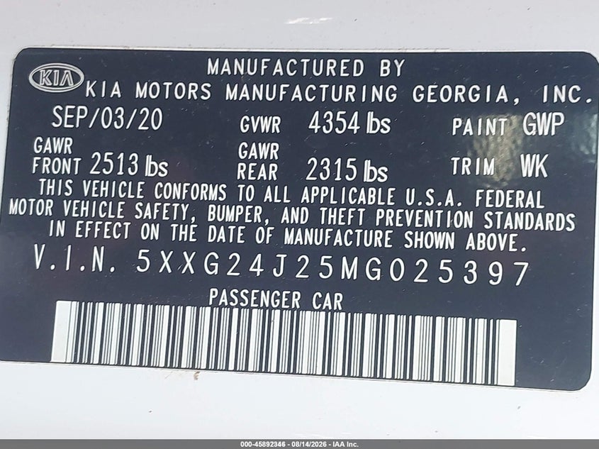 KIA K5 2021 VIN 5XXG24J25MG025397
