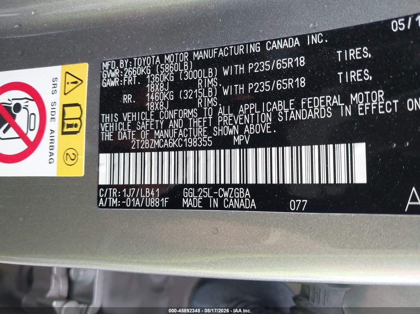 LEXUS RX 350 2019 VIN 2T2BZMCA6KC198355