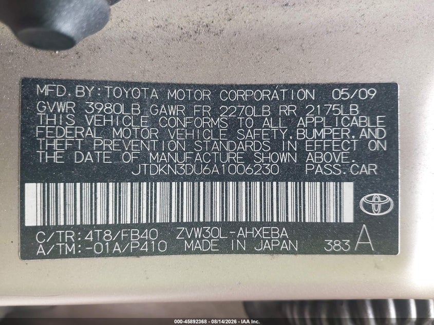 TOYOTA PRIUS 2010 VIN JTDKN3DU6A1006230