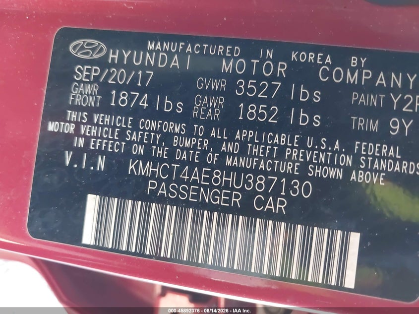 2017 HYUNDAI ACCENT SEDAN 1.6L I-4 DI, DOHC, VVT, 137HP