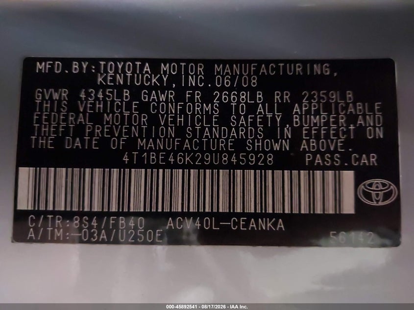 TOYOTA CAMRY 2009 VIN 4T1BE46K29U845928
