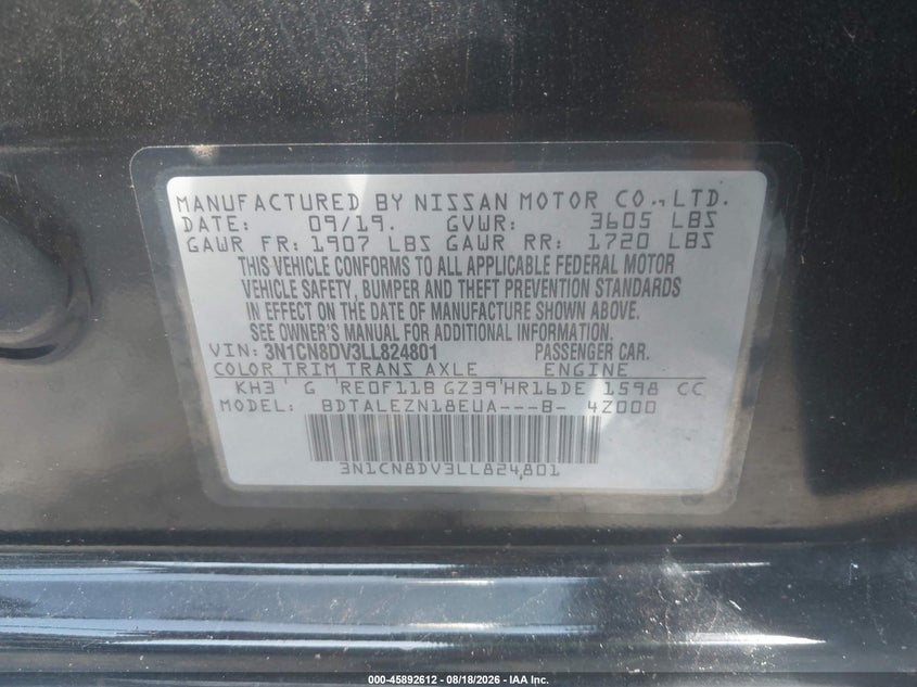 NISSAN VERSA 2020 VIN 3N1CN8DV3LL824801