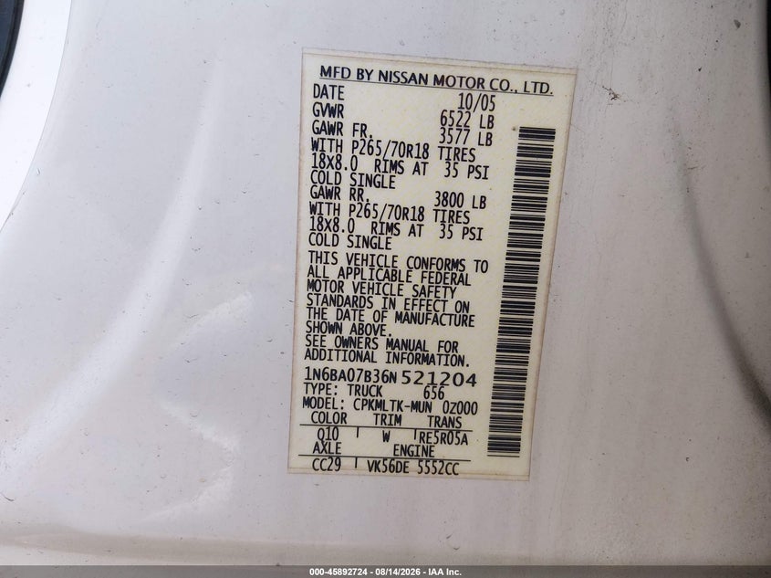 NISSAN TITAN 2006 VIN 1N6BA07B36N521204
