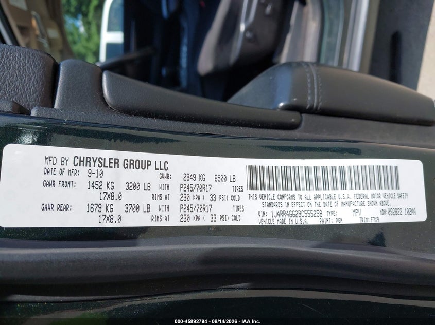 JEEP GRAND CHEROKEE 2011 VIN 1J4RR4GG2BC555258