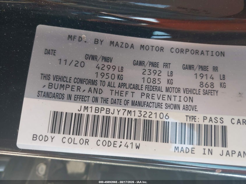 MAZDA MAZDA3 2021 VIN JM1BPBJY7M1322106