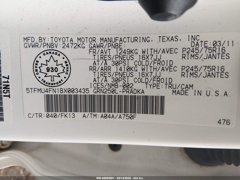TOYOTA TACOMA 2011 VIN 5TFMU4FN1BX003435