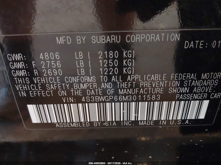 SUBARU LEGACY 2021 VIN 4S3BWGP66M3011583