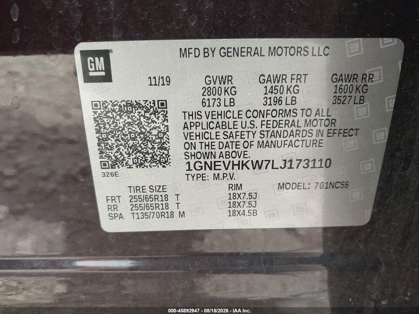CHEVROLET TRAVERSE 2020 VIN 1GNEVHKW7LJ173110