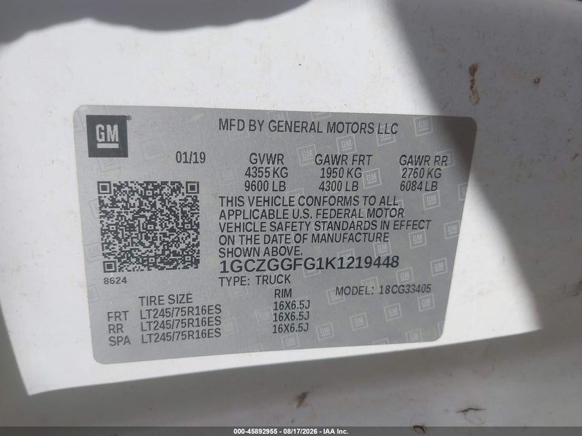 2019 CHEVROLET EXPRESS 3500 WORK VAN VAN 6.0L V8 FI OHV 16V NF2
