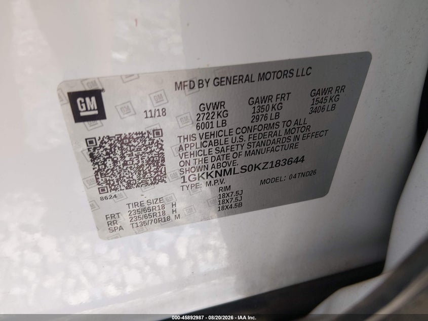 GMC ACADIA 2019 VIN 1GKKNMLS0KZ183644
