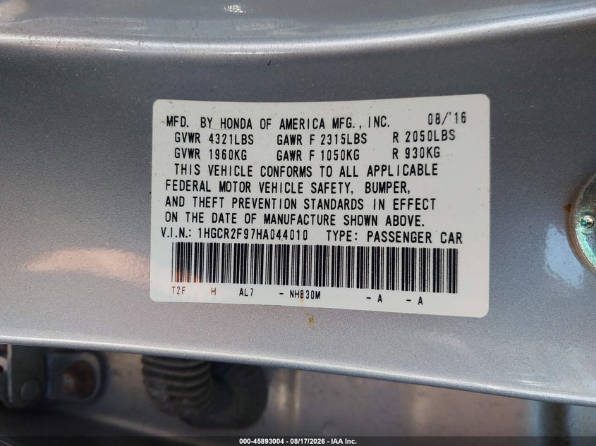 HONDA ACCORD 2017 VIN 1HGCR2F97HA044010