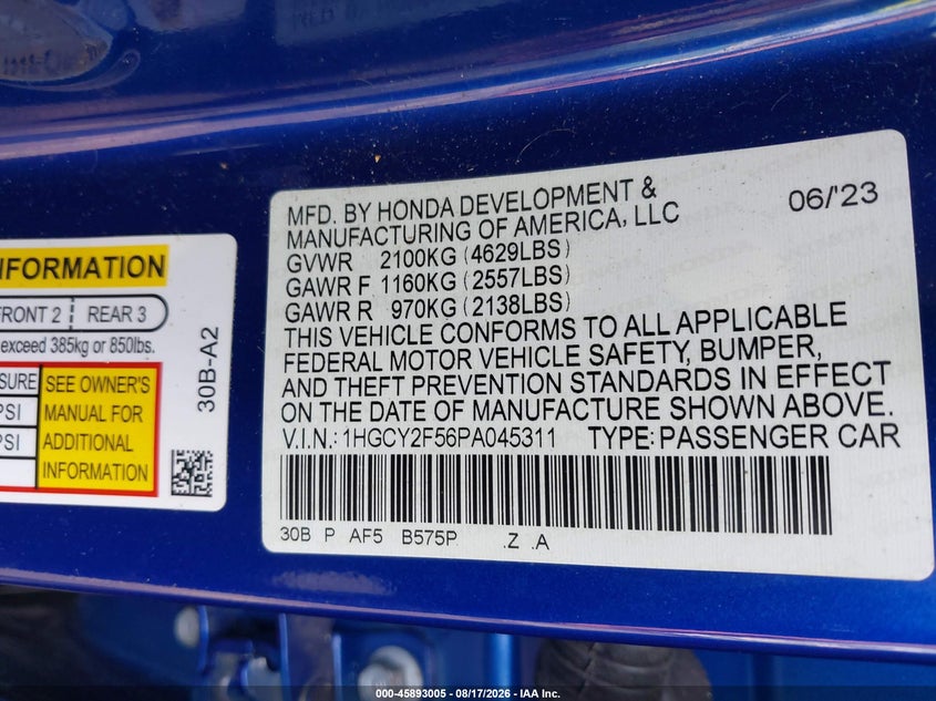 HONDA ACCORD HYBRID 2023 VIN 1HGCY2F56PA045311