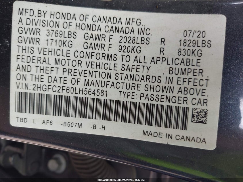 HONDA CIVIC 2020 VIN 2HGFC2F60LH564581
