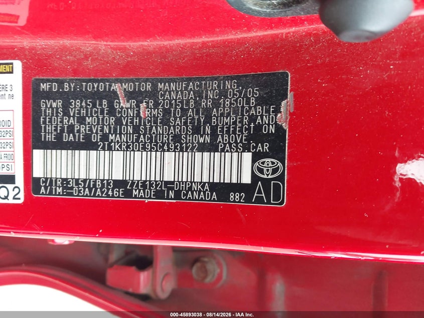 TOYOTA MATRIX 2005 VIN 2T1KR30E95C493122