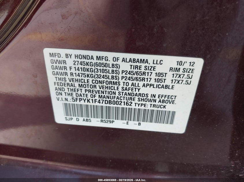 HONDA RIDGELINE 2013 VIN 5FPYK1F47DB002162