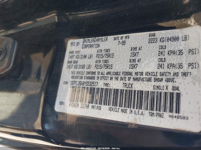 2000 DODGE DAKOTA TRUCK 3.9L V-6 175HP